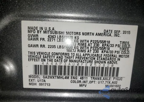 2015 Mitsubishi Outlander Sport Es from USA, damaged, VIN 4A4AP3AU0FE052820